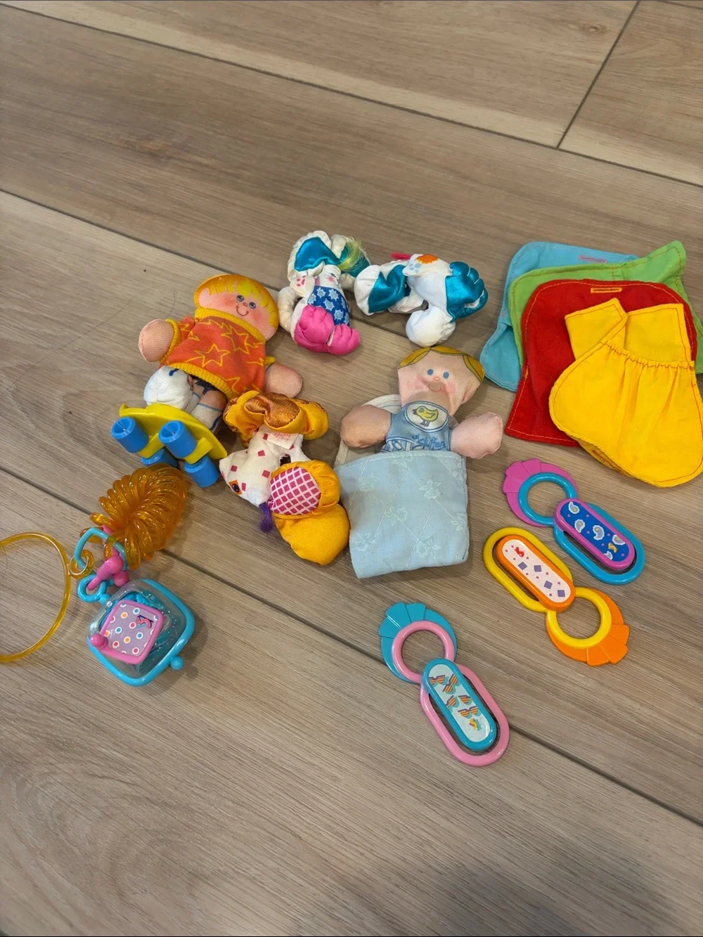 Vintage Fisher-Price Smooshees Colorful Plush Baby Toy Set in Yellow, Blue, Pink
